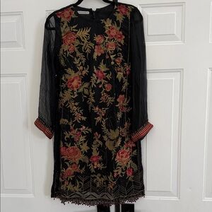 Black Floral Embroidered Long Sleeve Dress